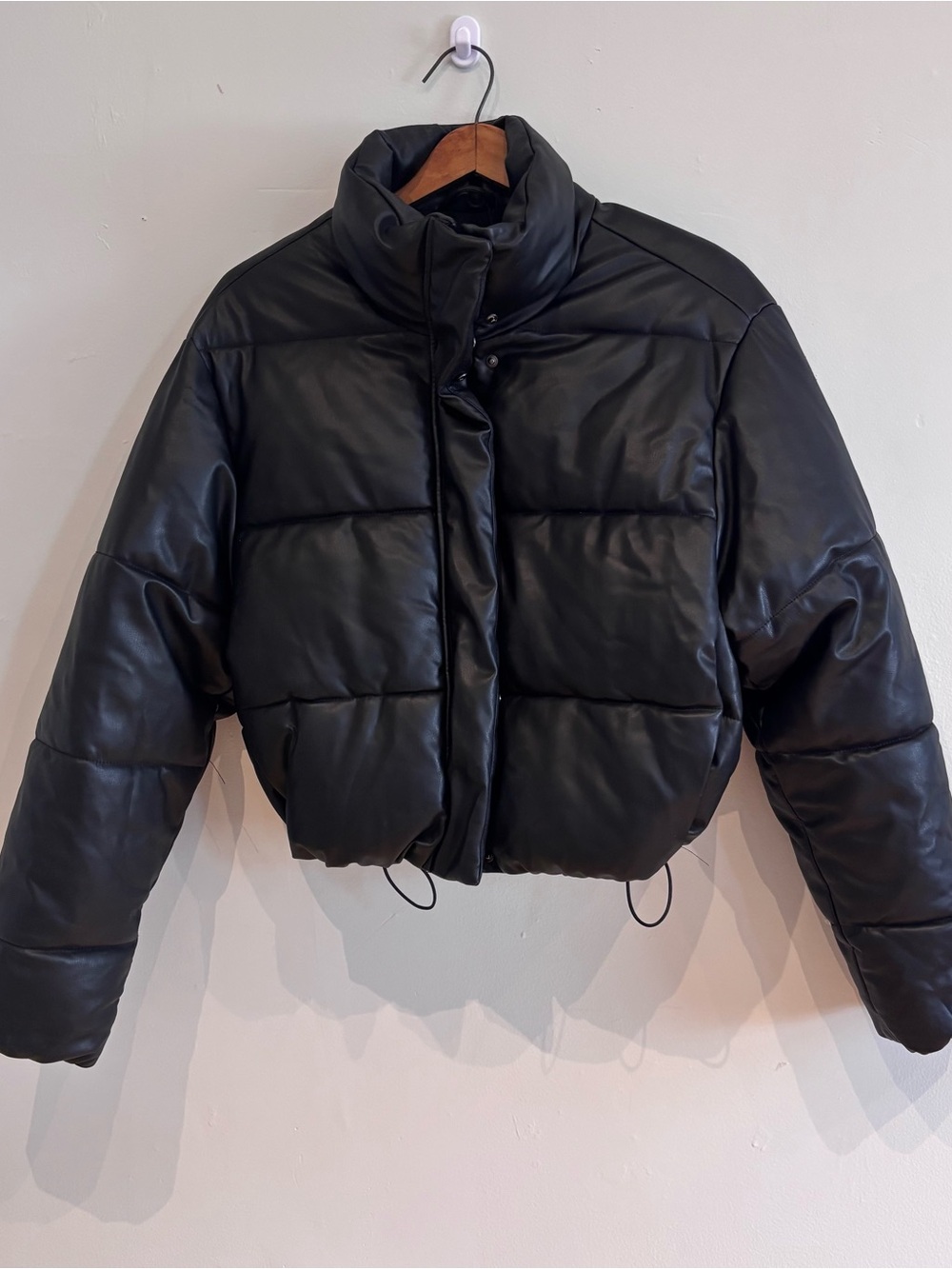 Zara Black Cropped Faux-Leather Puffer Jacket size M